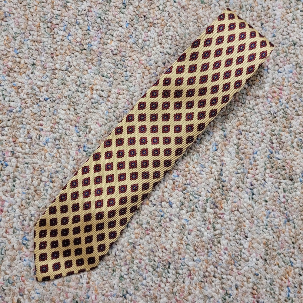 Polo Ralph Lauren Tie Men OS Gold Geometric Medallion Silk Handmade USA Burgundy